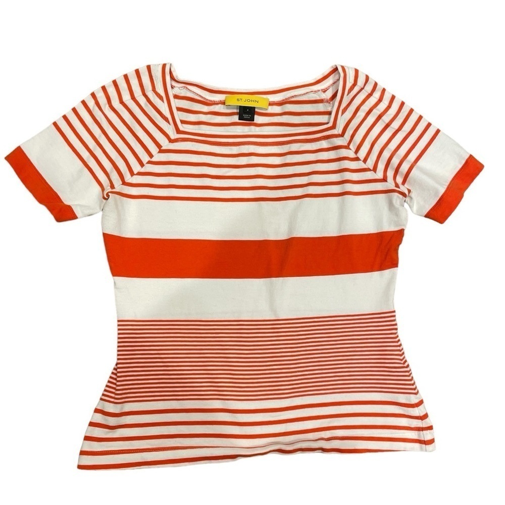 St. John Red Striped Square Neck Short Sleeve Shirt